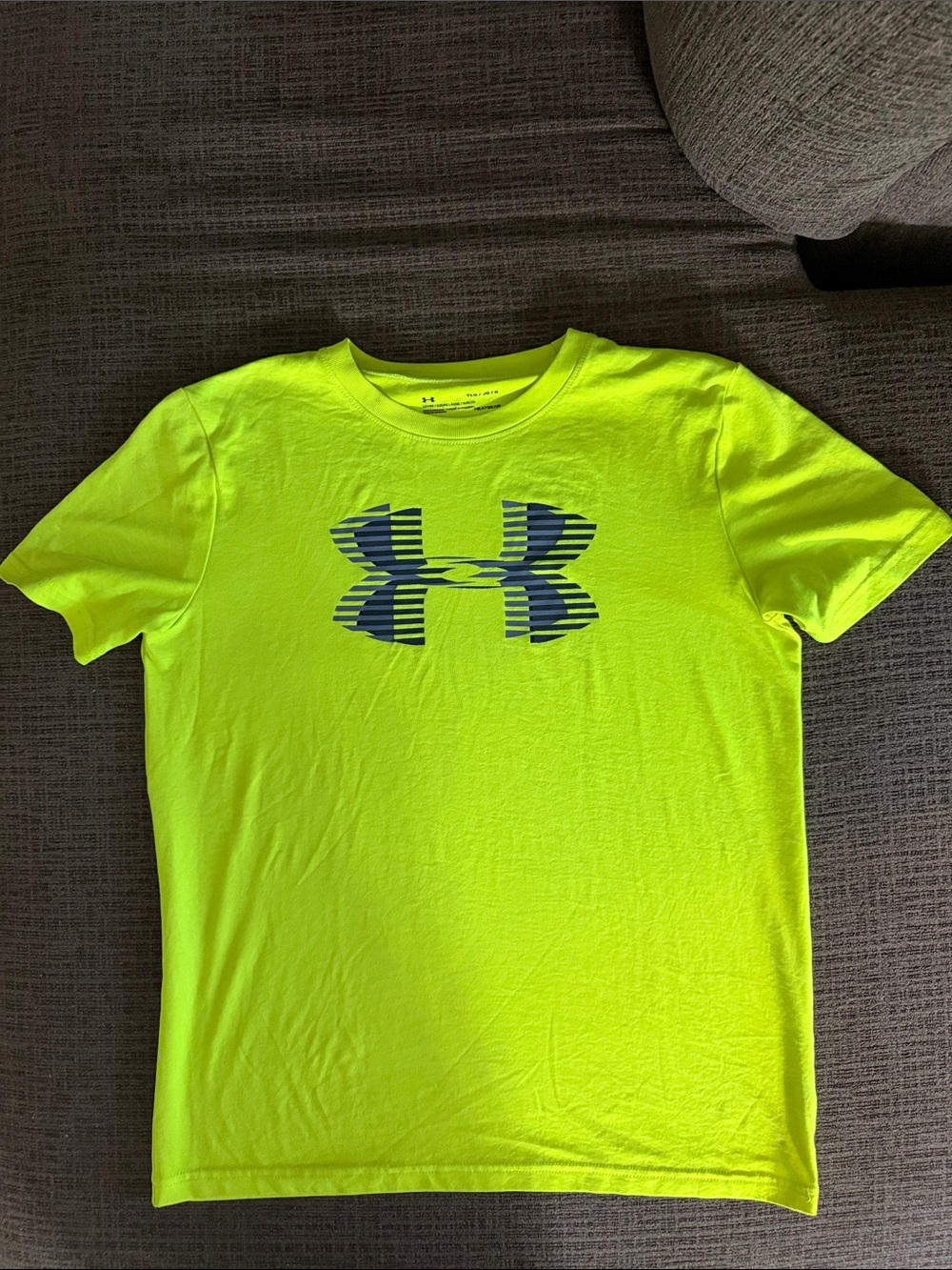 Under Armour Neon Yellow Athletic Tee with Striped Gray Logo Size M